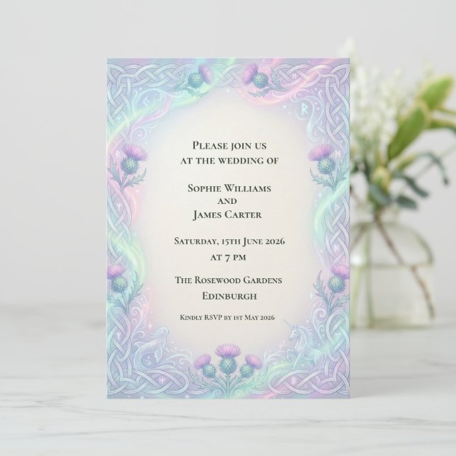 Iridescent Celtic Thistle Wedding Invitation (Standing Front)