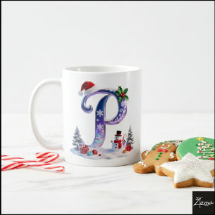 Iridescent Christmas Letter P with Snowman Coffee Mug