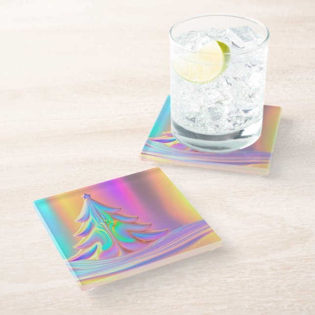 Iridescent Christmas Tree Glass Coaster (Angled)