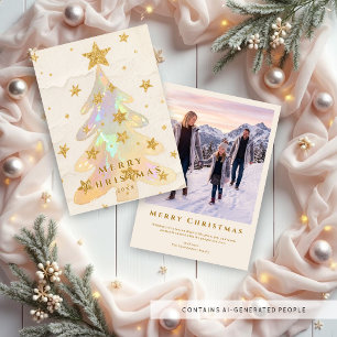 Iridescent Christmas Tree Watercolor Gold Stars Holiday Card