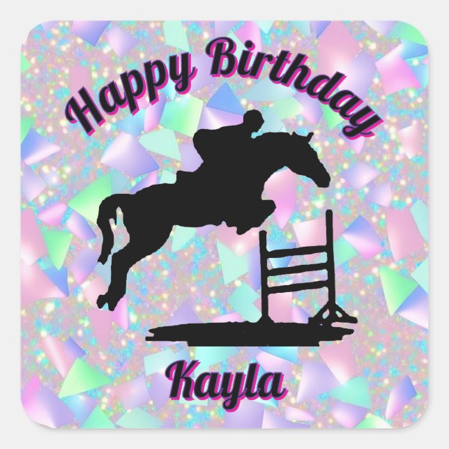 Iridescent Confetti Horse Girl Happy Birthday Square Sticker (Front)