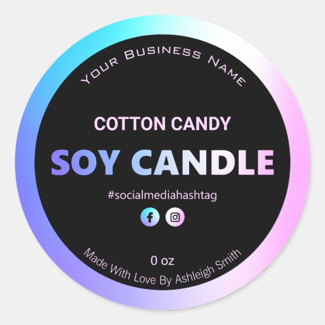 Iridescent Cotton Candy Coloured Soy Candle Labels (Front)