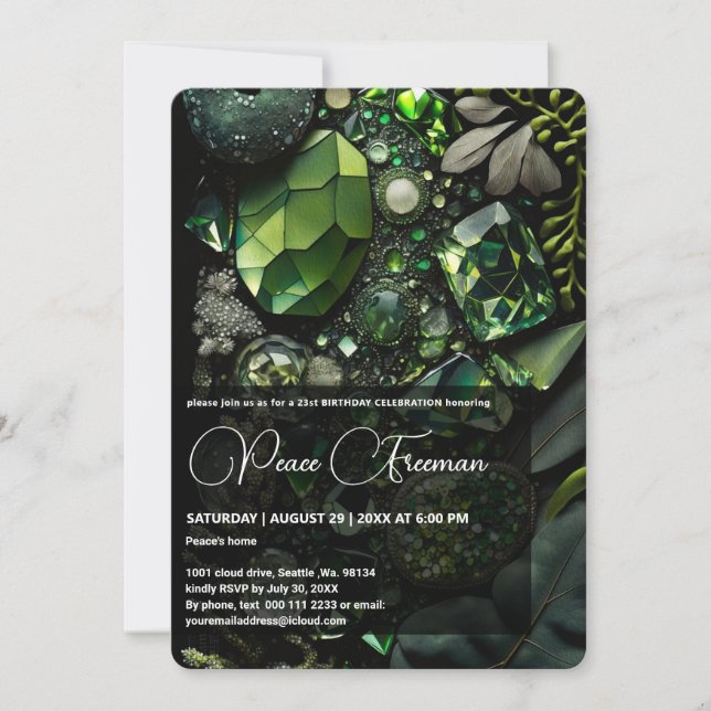 Iridescent Crystal Gemstones, Green,Moss, Invitation (Front)