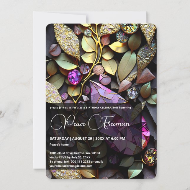Iridescent Crystal Gemstones, Pink,Fuchsia,Gold Invitation (Front)