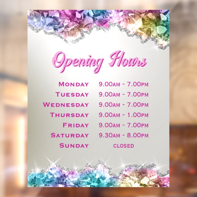 Iridescent Crystals Opening Hours Window Cling (Sheet 2)