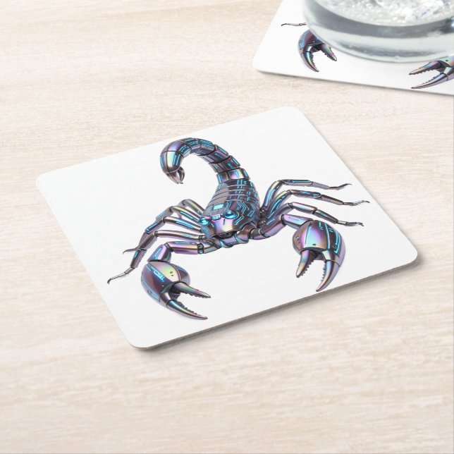 Iridescent Cyber Scorpion Mechanical Art Square Paper Coaster (Angled)