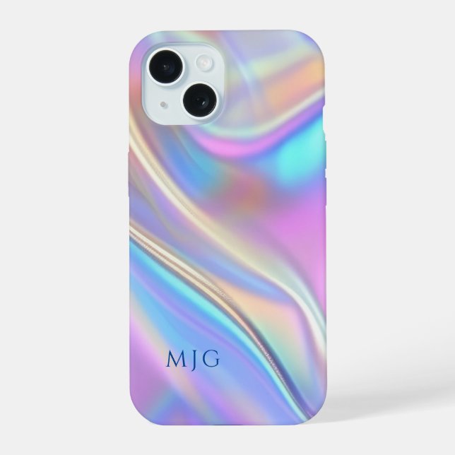 Iridescent Design, Classy Deep Blue Text Monogram iPhone 15 Case (Back)