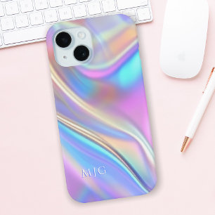 Iridescent Design, Classy White Text Monogram iPhone 15 Case