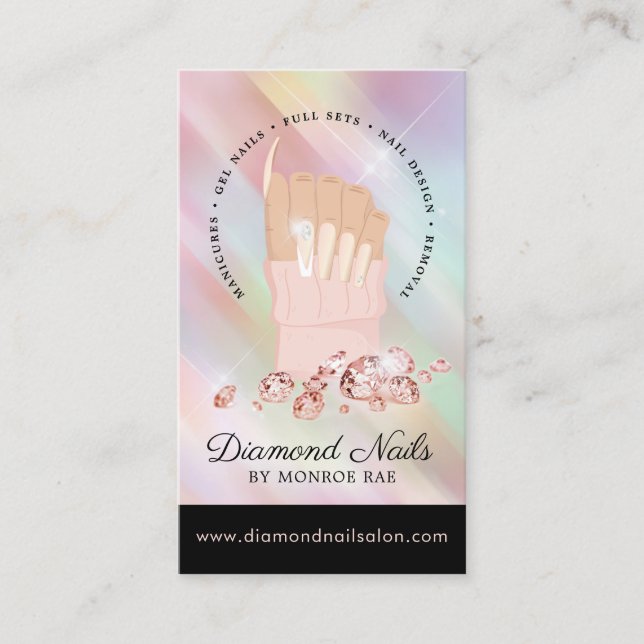 Iridescent Diamond Nail Salon Nail Tech Artist Bus Business Card (Front)