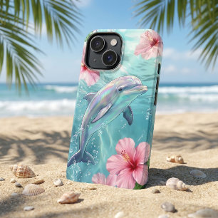 Iridescent Dolphin & Pink Hibiscus Tropical Ocean iPhone 16 Case
