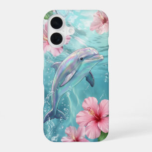 Iridescent Dolphin & Pink Hibiscus Tropical Ocean iPhone 16 Case