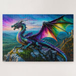 Iridescent Dragon Guards His Land Jigsaw Puzzle<br><div class="desc">Beautiful and colourful Iridescent Dragon with wings wide spread stands on a mountain 
surveying his land!

AI Art by minx267</div>
