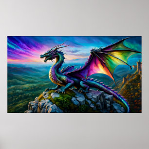 Iridescent Dragon Guards His Land Poster