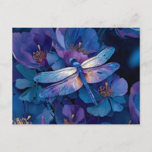 Iridescent Dragonfly Colorful Flowers Postcard