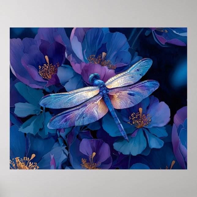 Iridescent Dragonfly Colorful Flowers Poster (Front)