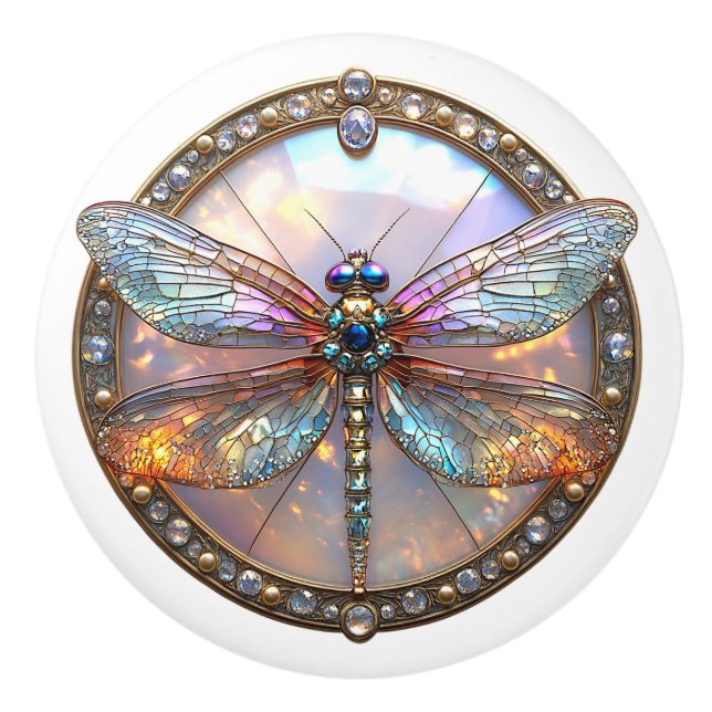 Iridescent Dragonfly Diamonds Sapphires   Ceramic Knob (Front)