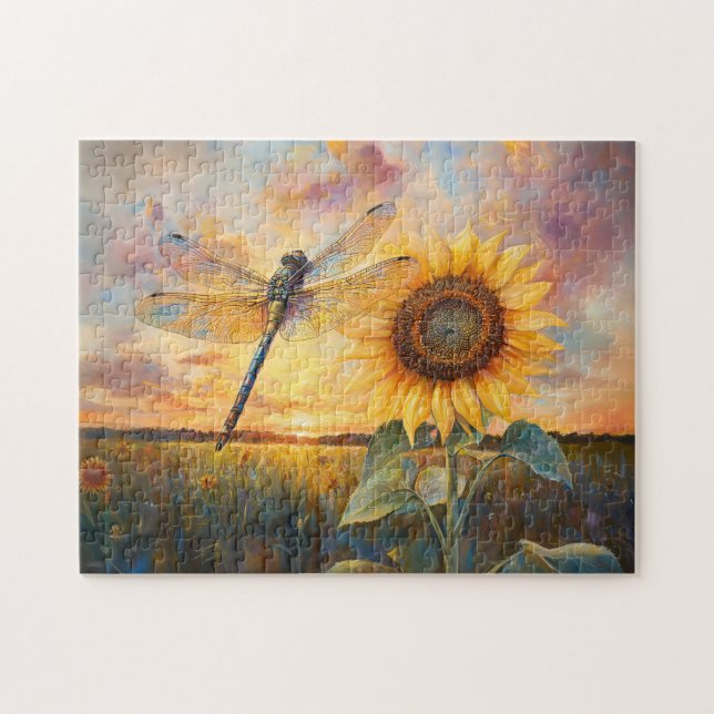Iridescent Dragonfly Rustic Sunflower Jigsaw Puzzle (Horizontal)