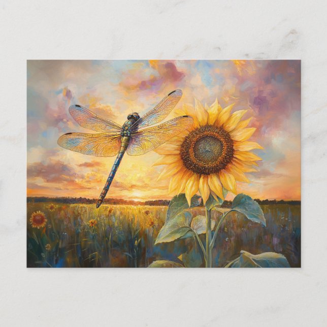 Iridescent Dragonfly Rustic Sunflower Postcard (Front)