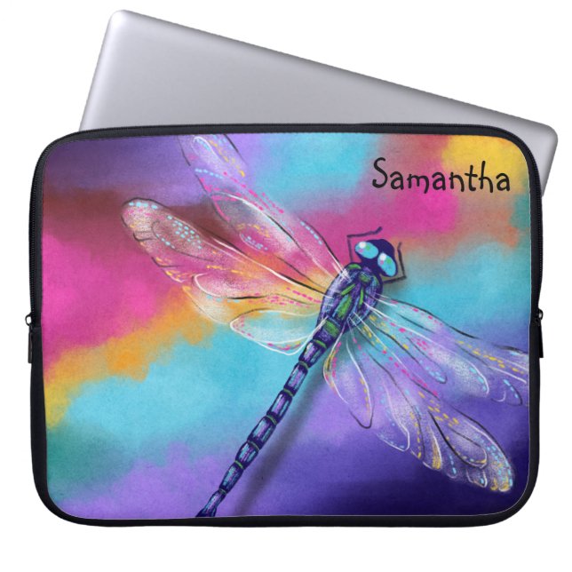 Iridescent Dragonfly Watercolor Rainbow with Name  Laptop Sleeve (Front)
