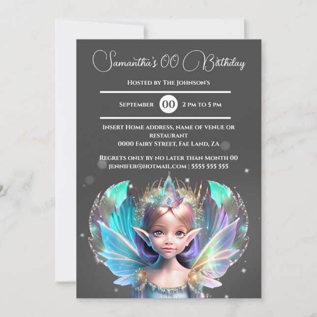 Iridescent fairy princess shimmer whimsical wings invitation (Front)