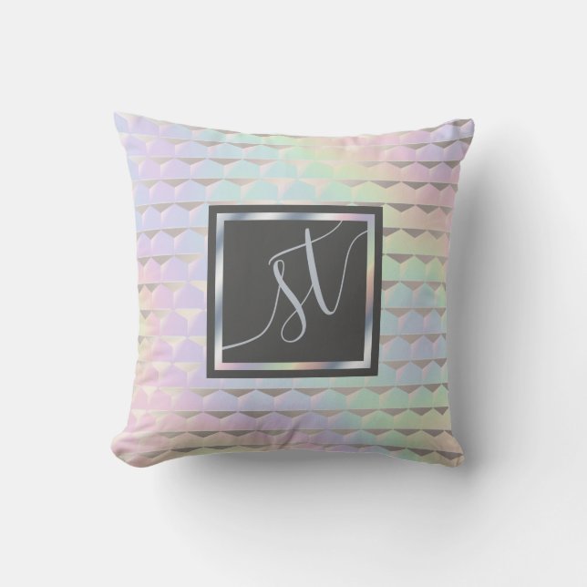 Iridescent Faux Holographic Pattern Monogram Cushion (Front)