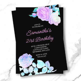 Iridescent Floral Black and Pink 21st Birthday Invitation