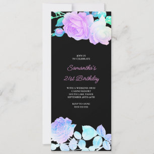 Iridescent Floral Black and Pink 21st Birthday Invitation