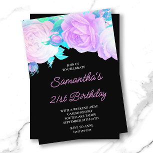Iridescent Floral Pink and Black 21st Birthday Invitation