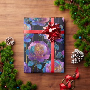 Iridescent Floral Wrapping with Red Ribbon Bow Paper