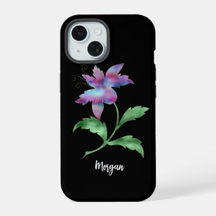 Iridescent Flower on Black, Script Name iPhone 15 Case