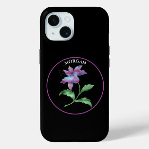 Iridescent Flower, Purple Circle on Black, Name iPhone 15 Case