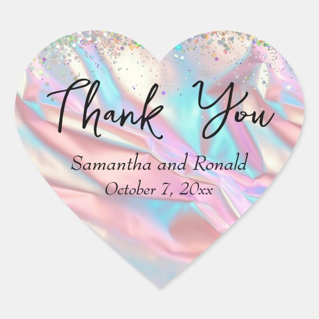 Iridescent Foil and Glitter Wedding Thank You Heart Sticker (Front)
