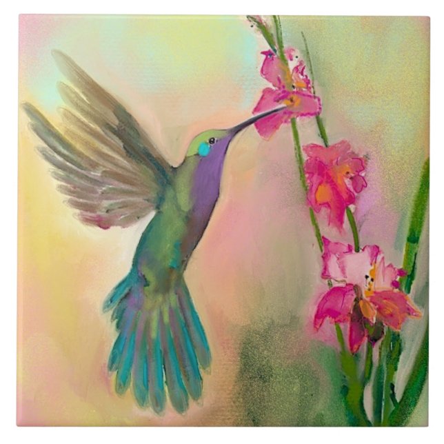 Iridescent Garden Hummingbird Ceramic Kitchen Tile (Front)