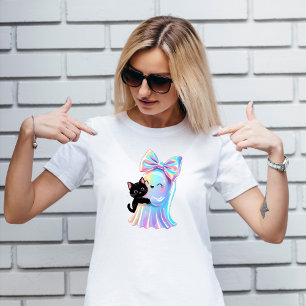 Iridescent Ghost & Black Cat Cute Girly Halloween T-Shirt