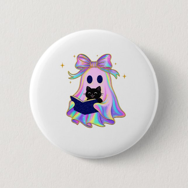 Iridescent ghost with a book and a black cat Class 6 Cm Round Badge (Front)