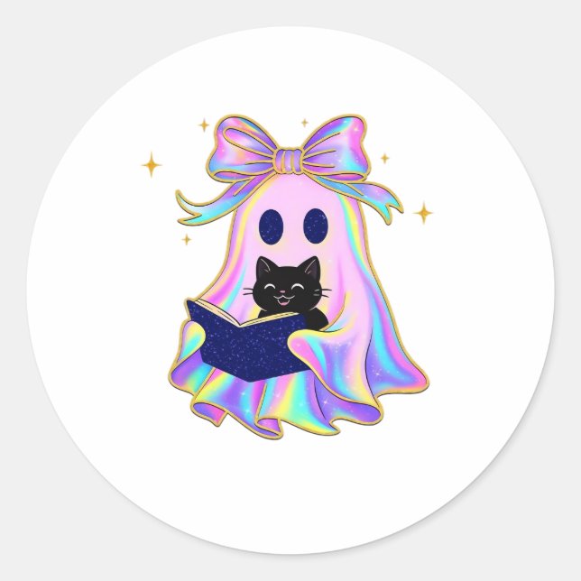 Iridescent ghost with a book and a black cat Class Classic Round Sticker (Front)