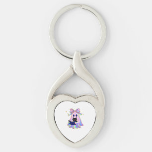 Iridescent ghost with a book and a black cat Class Key Ring