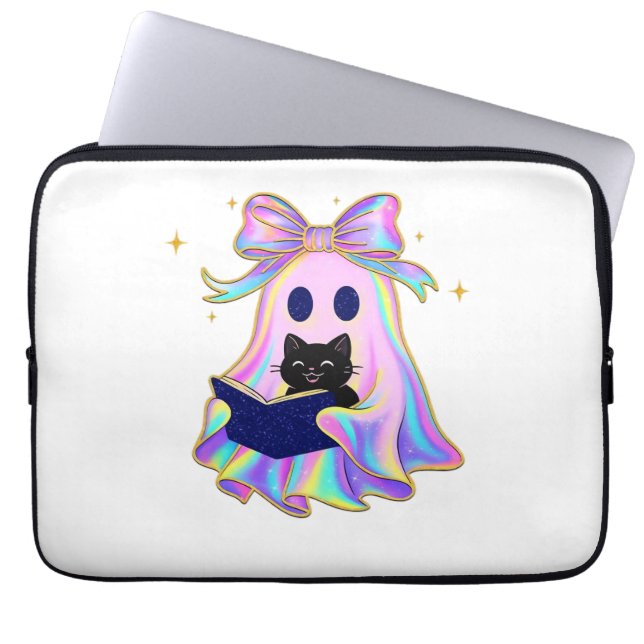 Iridescent ghost with a book and a black cat Class Laptop Sleeve (Front)