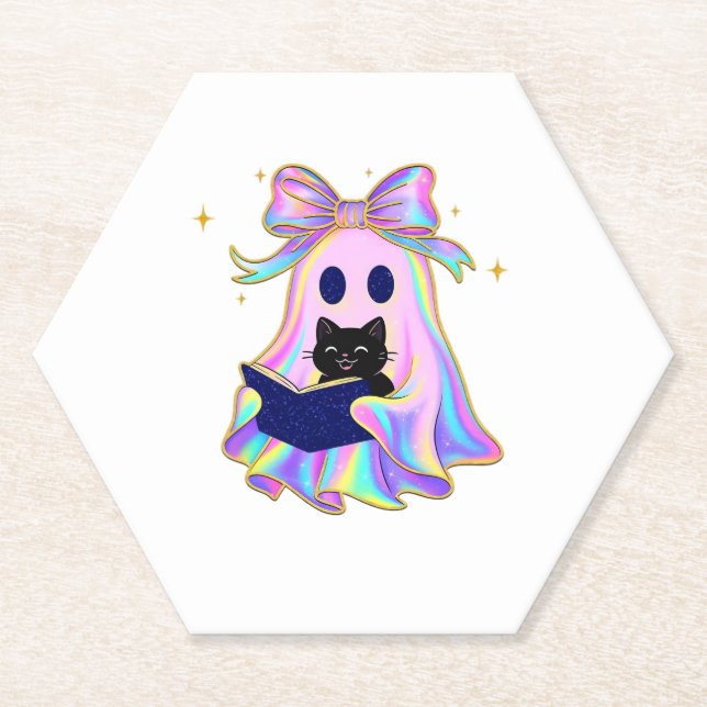 Iridescent ghost with a book and a black cat Class Paper Coaster (Front)