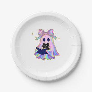 Iridescent ghost with a book and a black cat Class Paper Plate