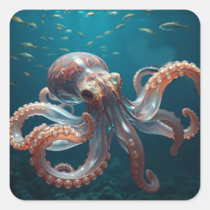Iridescent Glass Octopus Art   Deep Sea Fantasy   Square Sticker