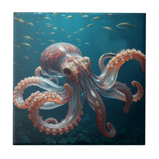 Iridescent Glass Octopus Art | Deep Sea Life Tile (Front)