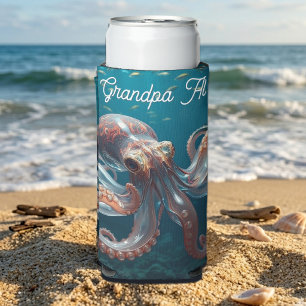 Iridescent Glass Octopus Art Personalised Seltzer Can Cooler
