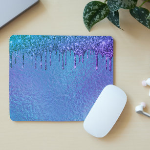 Iridescent Glitter Drips Blue Purple Holographic Mouse Mat