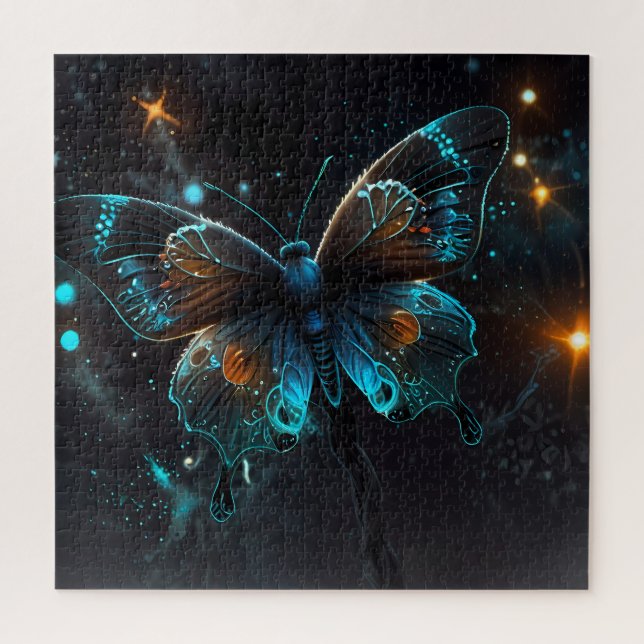 Iridescent glow of a vivid blue butterfly jigsaw puzzle (Vertical)
