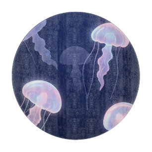 Iridescent Glowing Jellyfish Deep Blue Pink Cutting Board