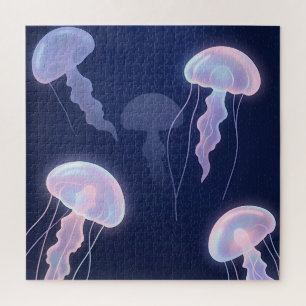 Iridescent Glowing Jellyfish Deep Blue Pink Jigsaw Puzzle