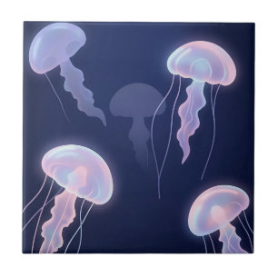 Iridescent Glowing Jellyfish Deep Blue Pink Tile