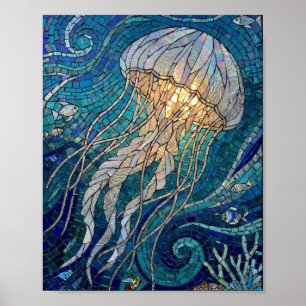 Iridescent Glowing Jellyfish Ocean Mosaic Poster