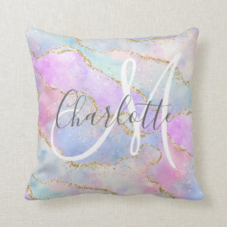 Iridescent gold glitter agate monogram cushion